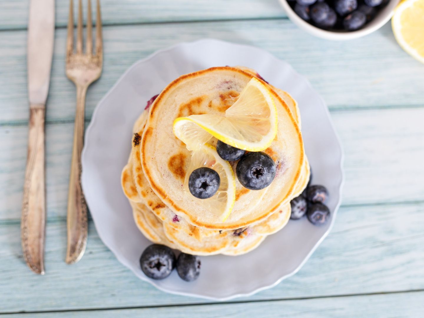 Vegan Lemon Blueberry Pancakes stack shot form above